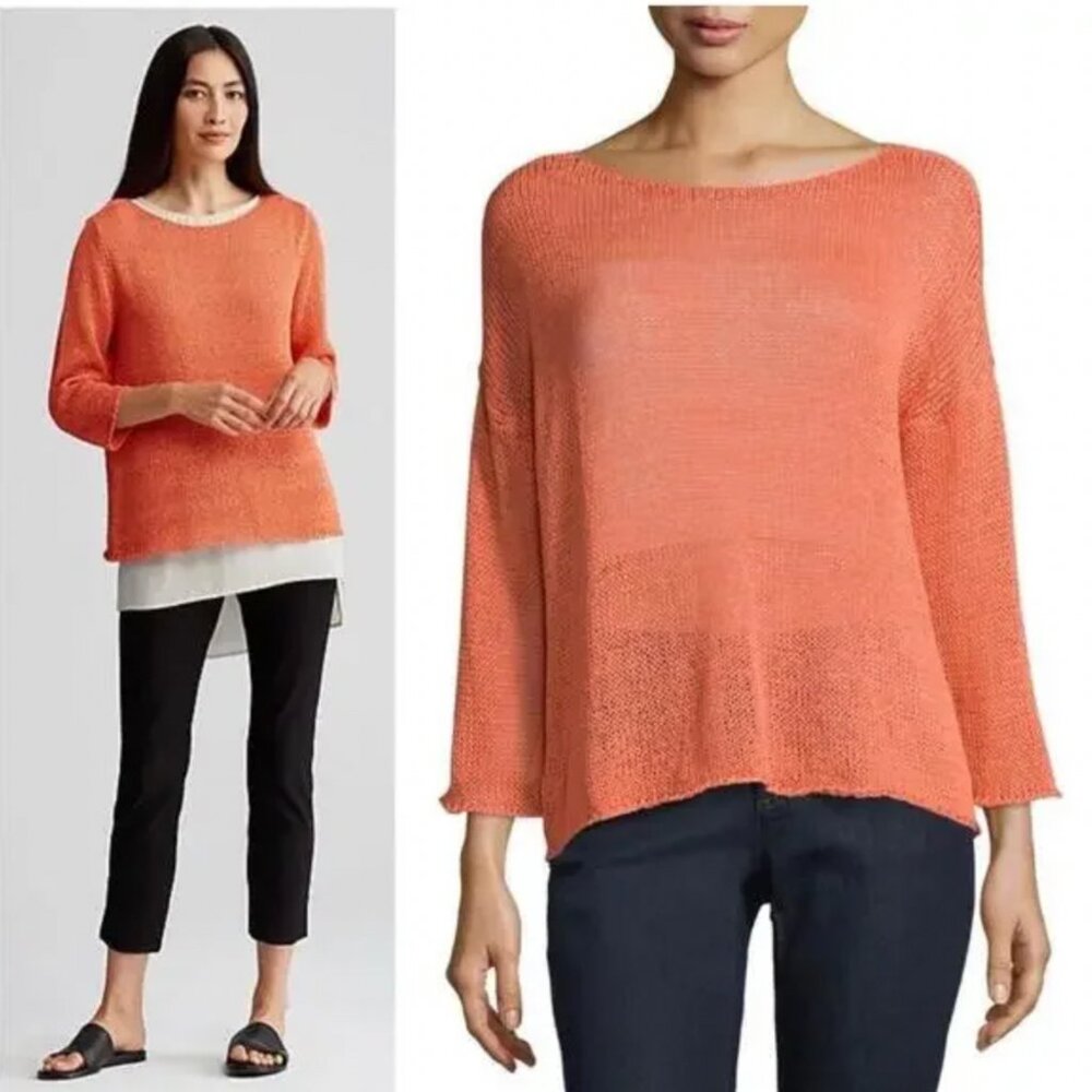 EILEEN FISHER Oversized Linen/Nylon Open-Knit Coral Lightweight Tunic Sweater S